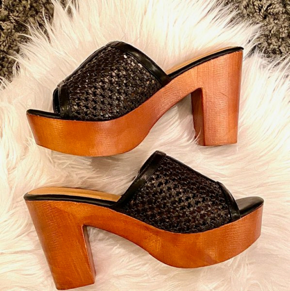 Black Tan Wood high heel mule